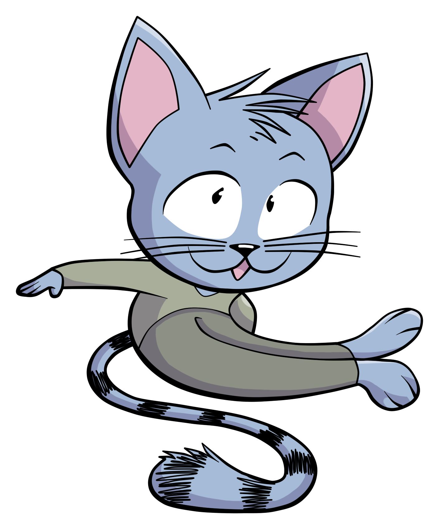 A cartoon blue cat with pink inside ears, sitting and looking happy, with a big tail and whiskers.