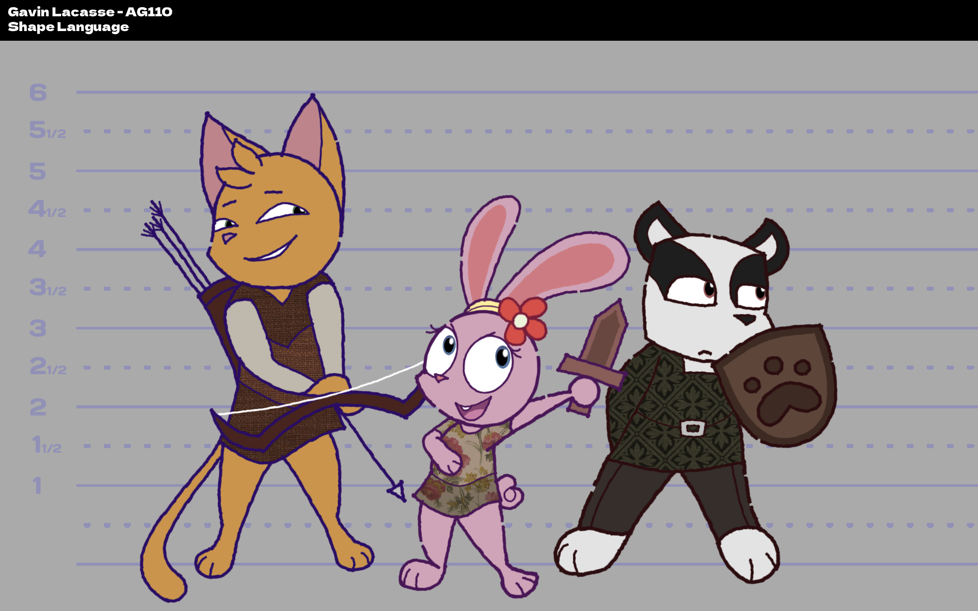 Illustration of three animated characters dressed as warriors, standing against a gray height measurement background.