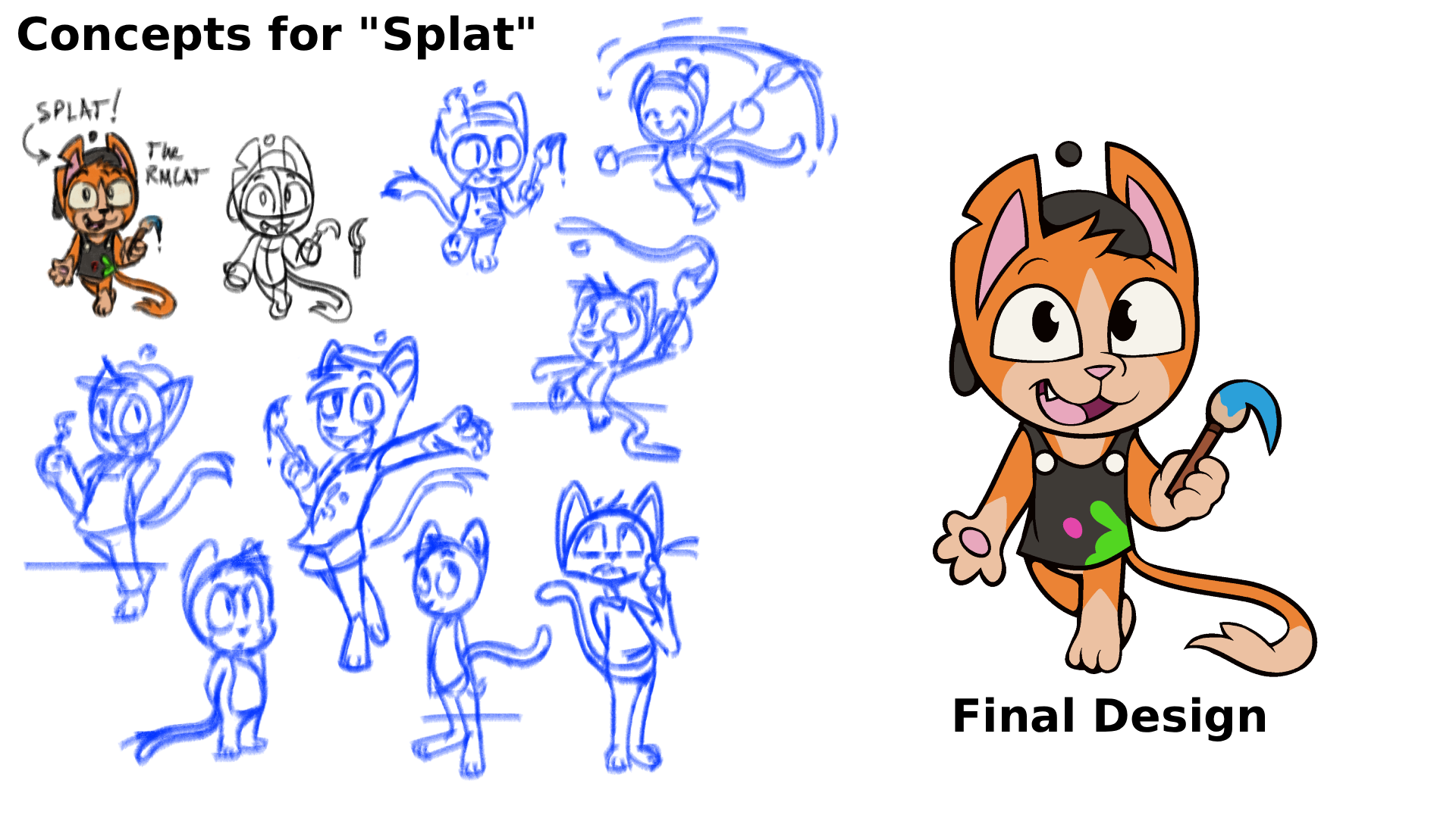 A character design process for a cartoon cat character, showing initial sketches on the left and the final colored character on the right holding a small paint brush.