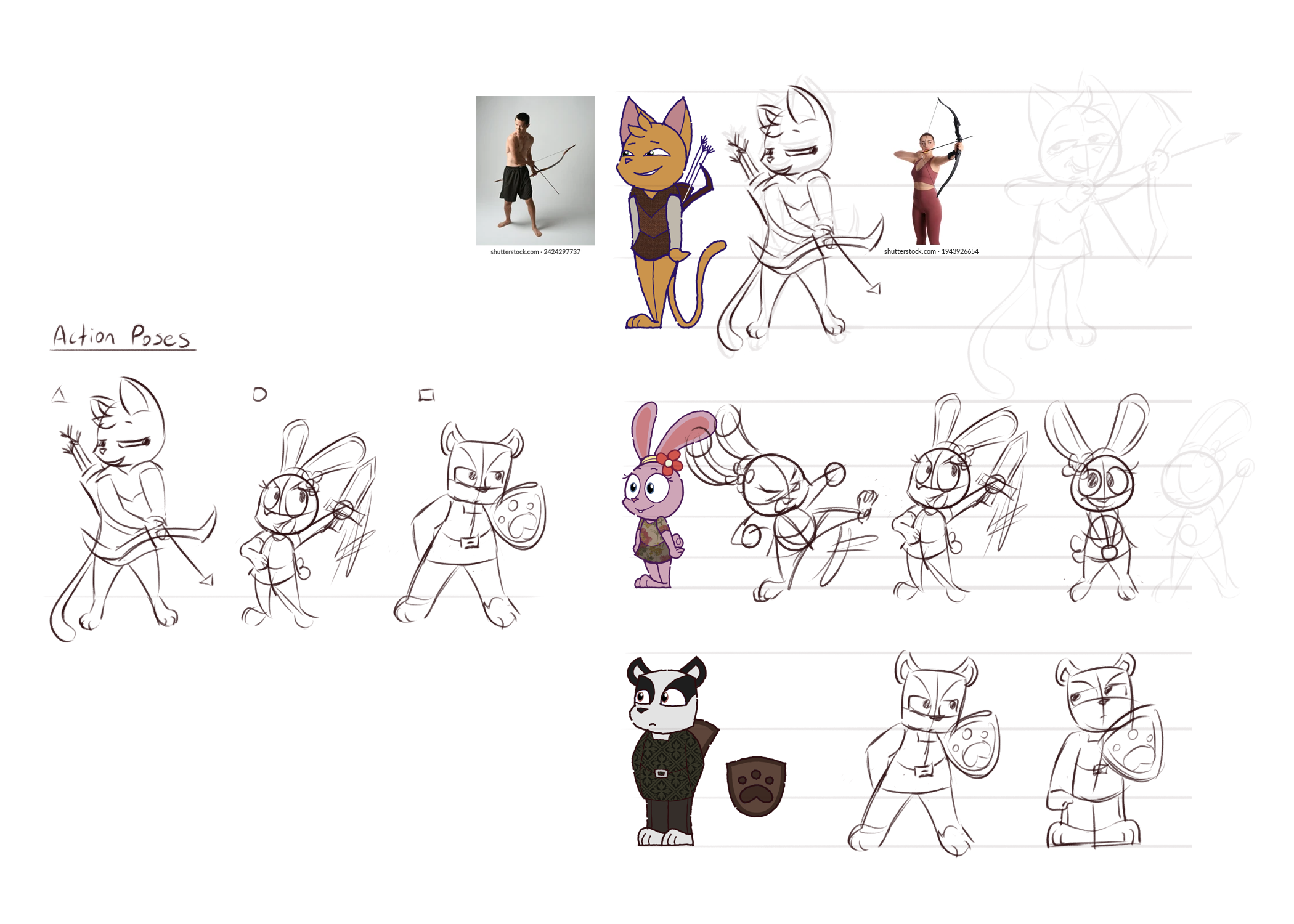 A drawing featuring character sketches in action poses for an animated project. Includes reference photos, hand-drawn character outlines, and colorized character versions.