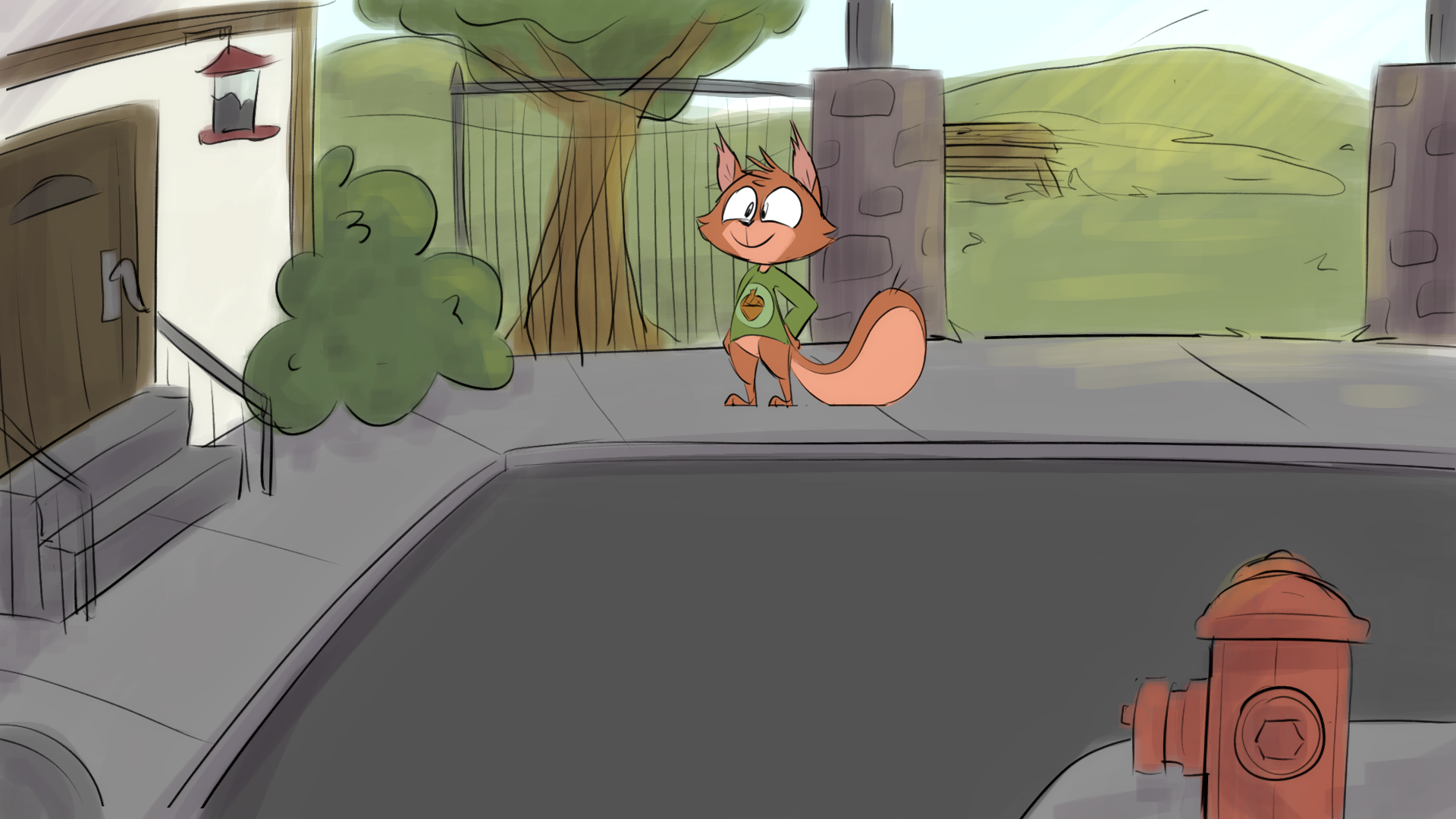A cartoon squirrel standing on a sidewalk near a gate, wearing a green sweater with an acorn design, with a tree and a grassy hill in the background, and a fire hydrant in the foreground.