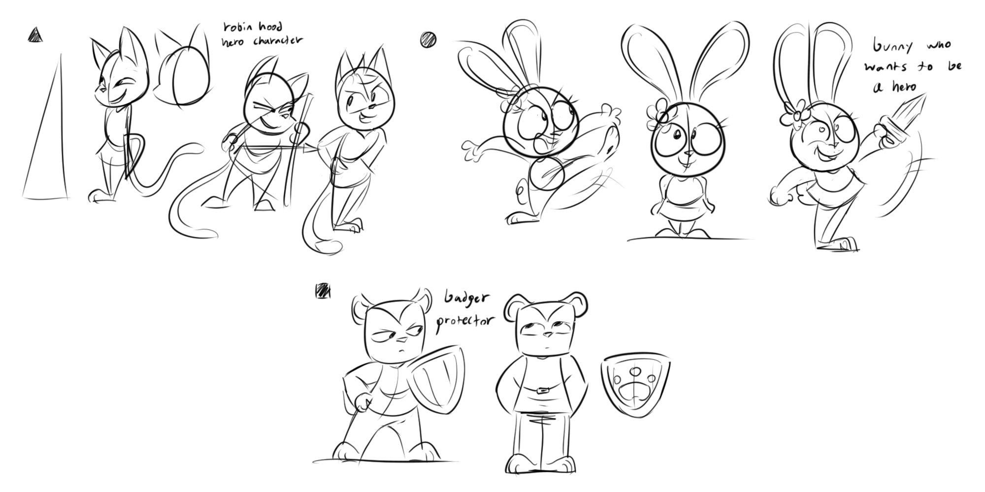 Sketches of cartoon characters: a cat with a tail, a bunny with a sword and shield, and a shield-wielding badger, with notes about character traits and design.