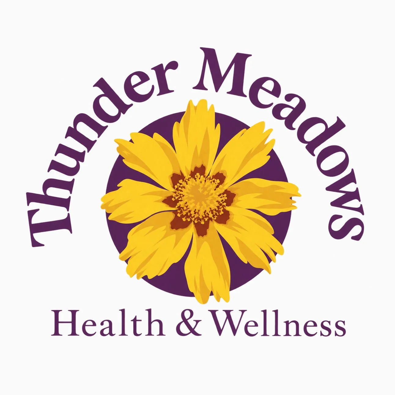 Logo for Thrive Under Meadow’s Health & Wellness featuring a yellow flower with purple text around it.