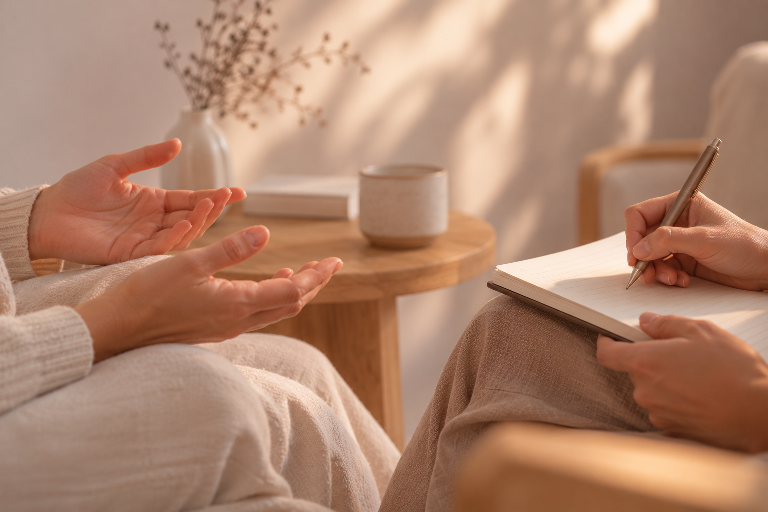 Therapist and patient engaged in counseling session, with the therapist taking notes and listening attentively.