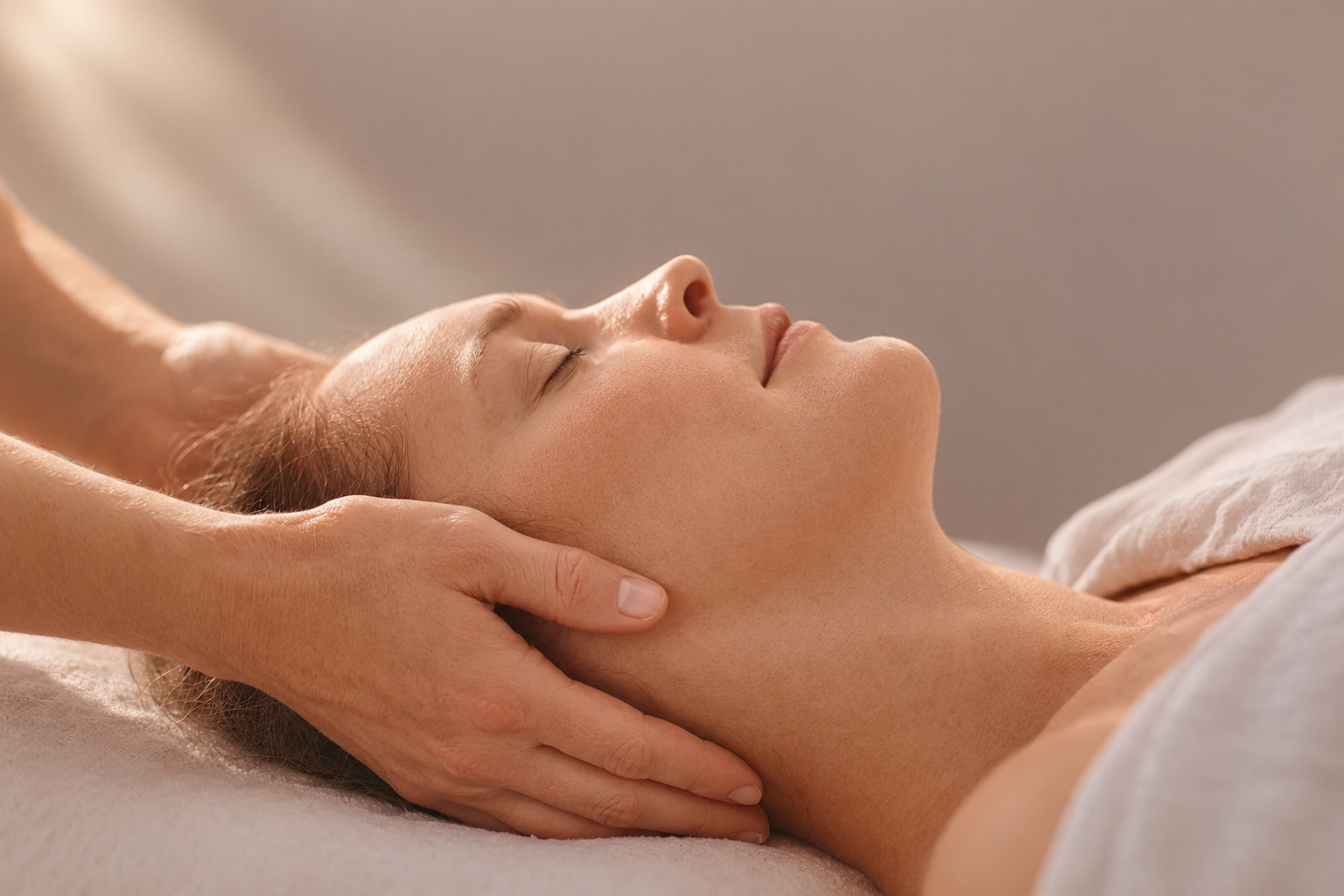 A woman receiving a head massage, lying on her back with eyes closed, in a spa or massage setting.