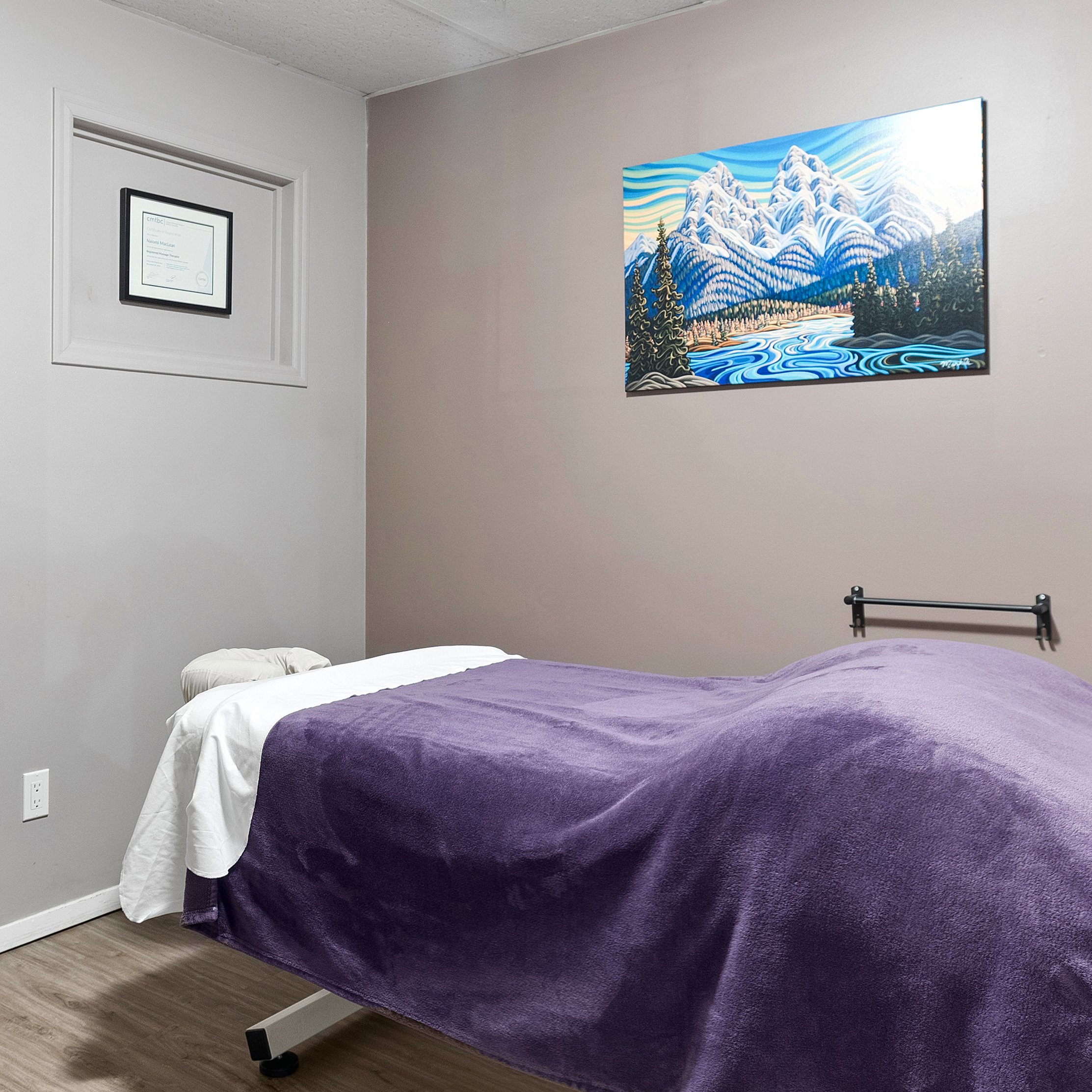 A hospital bed with a purple blanket, white bedsheet, and pillow, positioned in a room with gray and beige walls, a framed certificate on the wall, and a landscape painting of snowy mountains and a river.