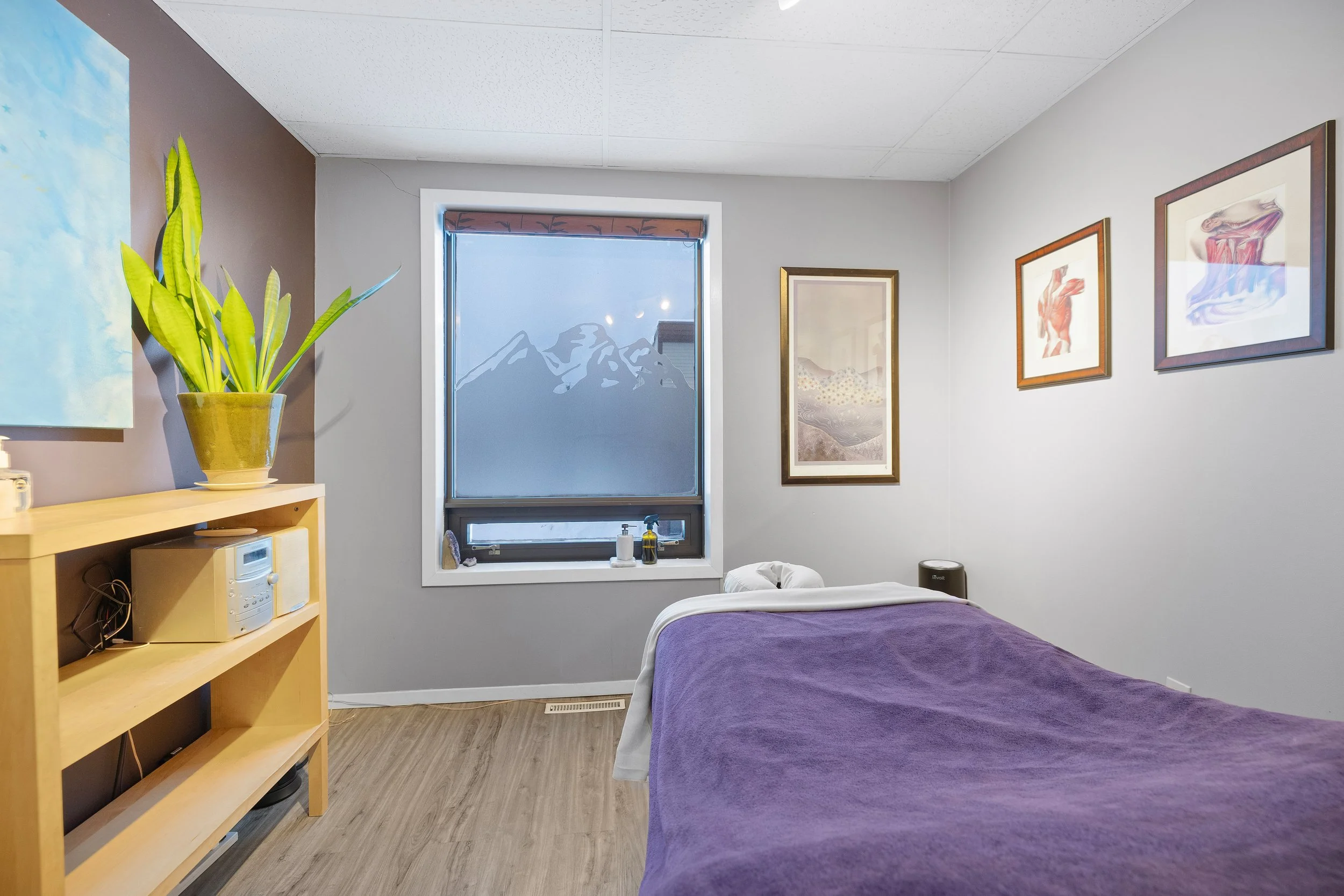 Interior of a therapy or massage room with a bed covered in a purple blanket, a window with mountain decals, framed artwork on the walls, a wooden shelf with a plant and small appliances, and a chair in the corner.