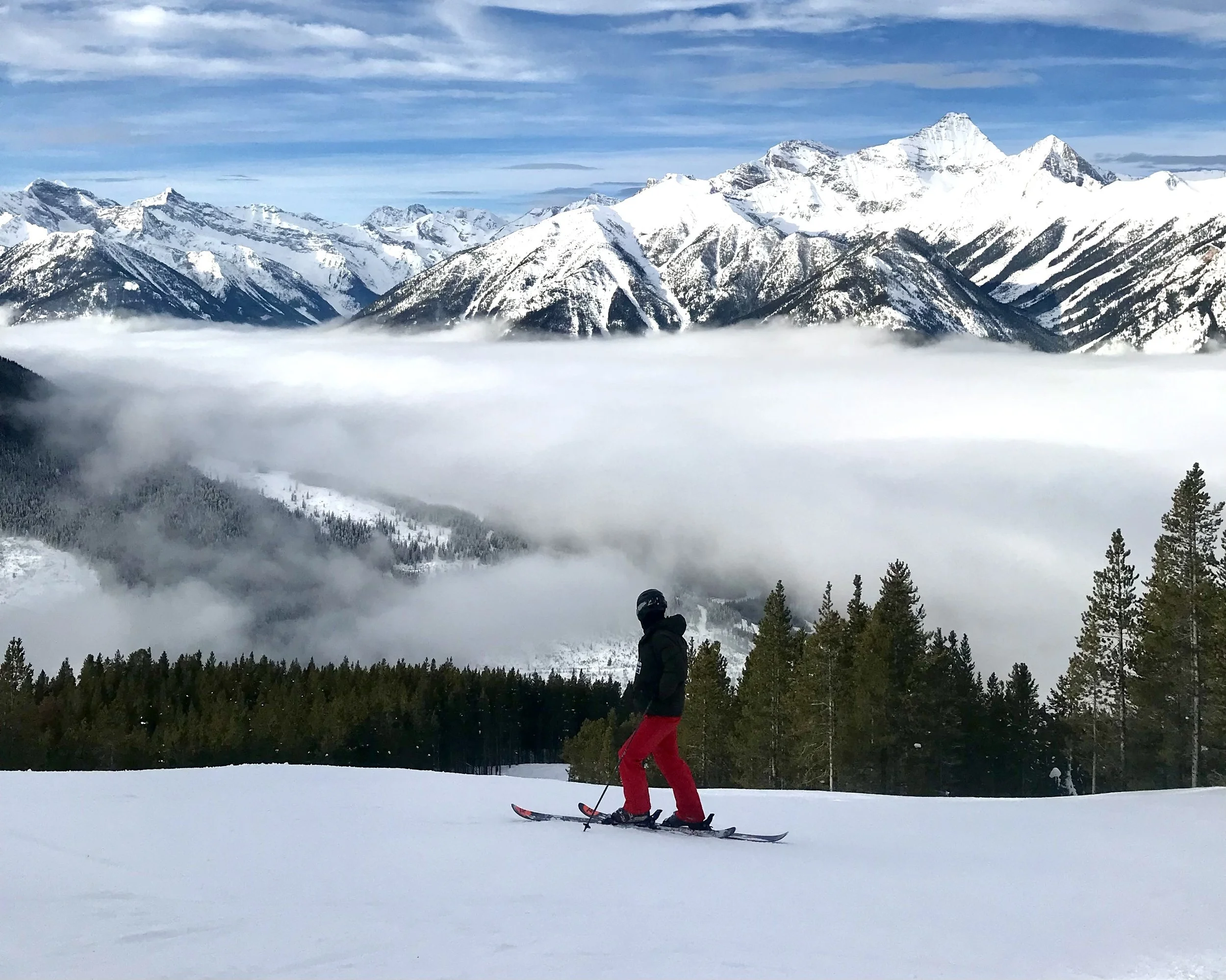 A skier dressed in red pants and a black jacket glides down a snowy slope in a mountainous landscape with snow-covered peaks and a cloudy sky.