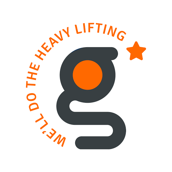 Logo with a stylized black letter 'g', an orange circle, orange star, and orange text saying 'WE'LL DO THE HEAVY LIFTING'.
