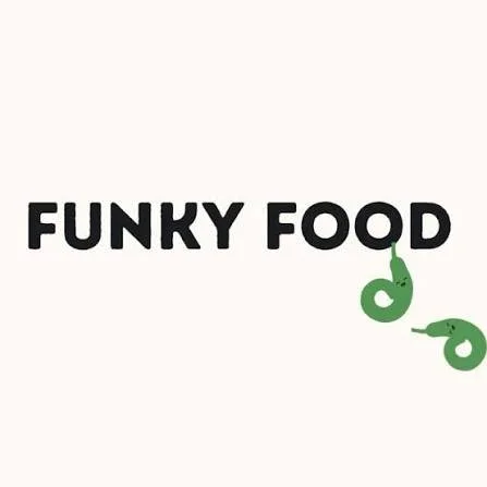 Funky Food logo with two green food-shaped icons hanging from the letters