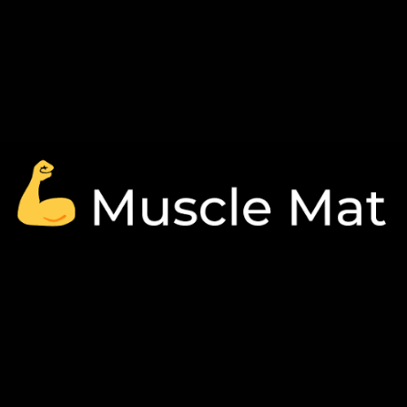 Logo with a flexed arm muscle icon and the text 'Muscle Mat' on a black background.