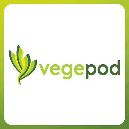 Green and white logo with stylized leaves and the text 'vegepod'.