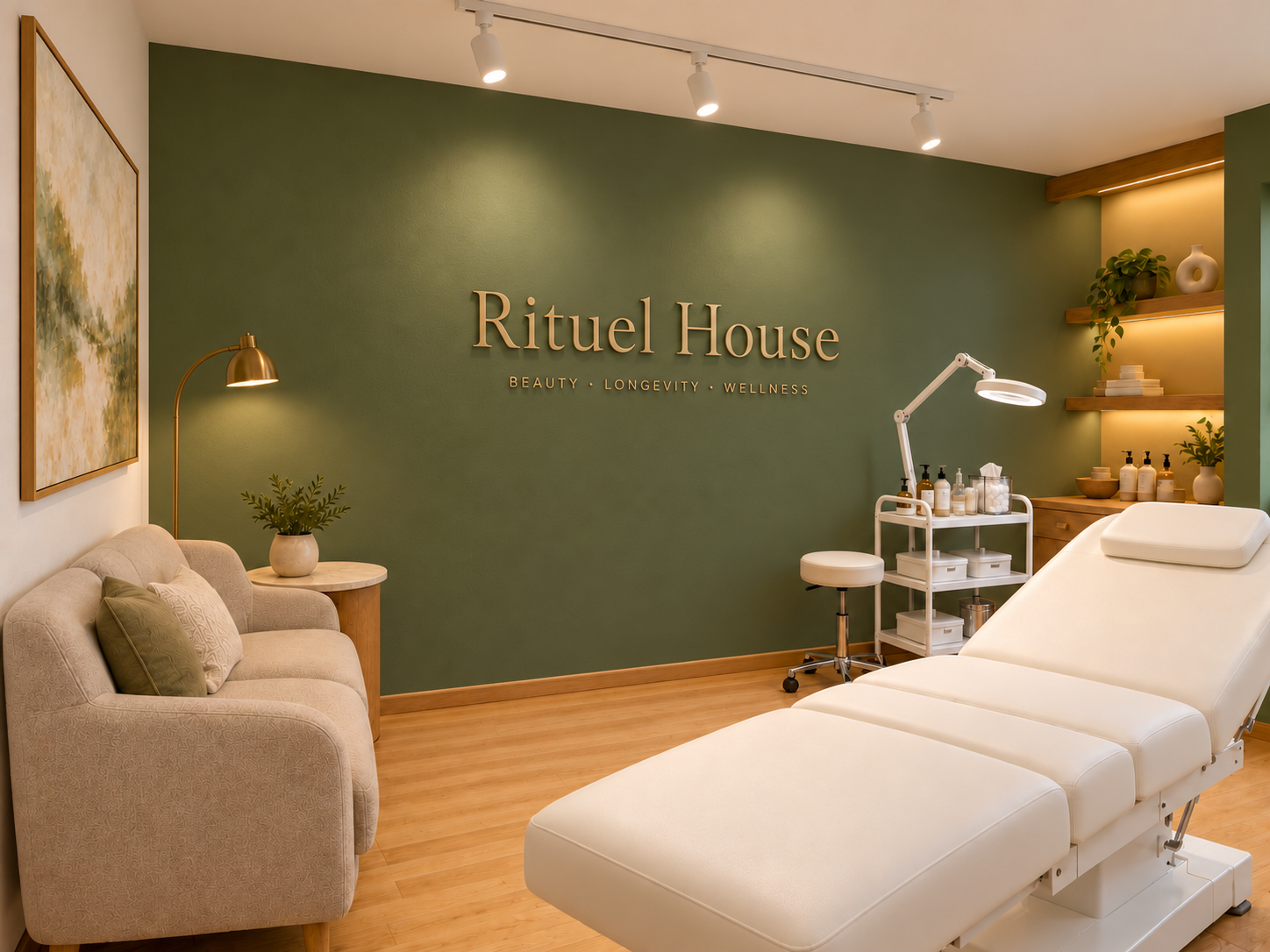 A treatment room at Rituel House with a green accent wall displaying the logo and text 'Beauty, Longevity, Wellness.' It features a white reclining treatment bed, a white rolling cart with skincare products, a beige sofa with cushions, a small side table with a plant, and wooden shelves with decorative items and products.