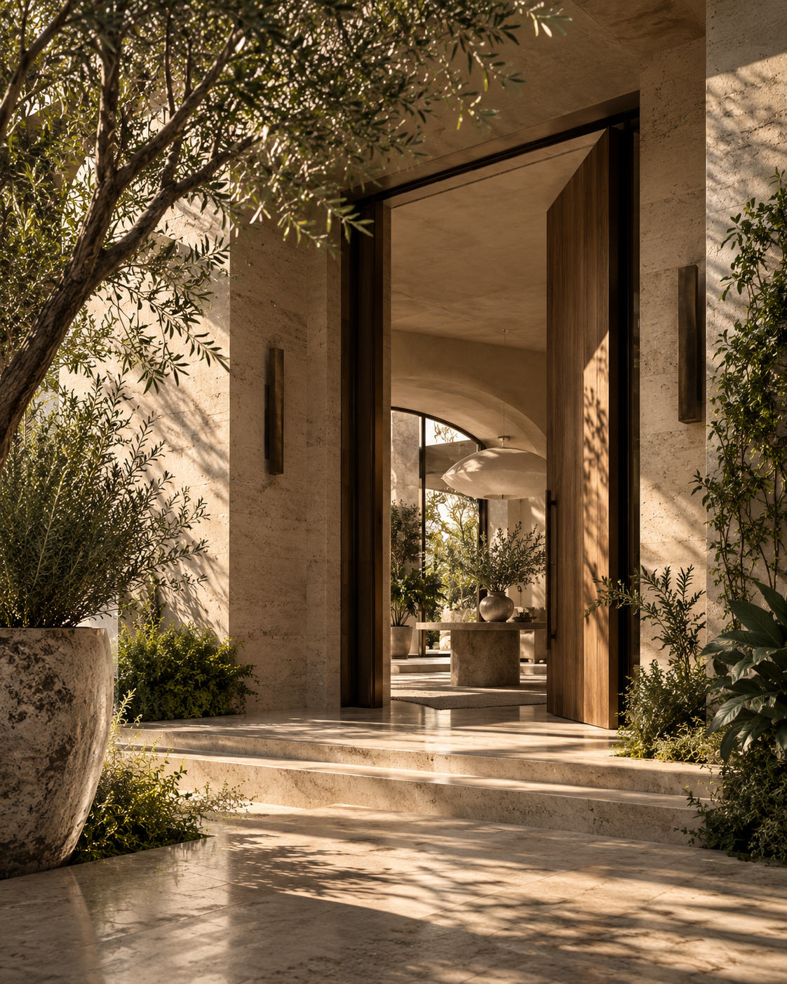 Open wooden double doors leading into a bright, modern home with beige stone walls and lush greenery outside.