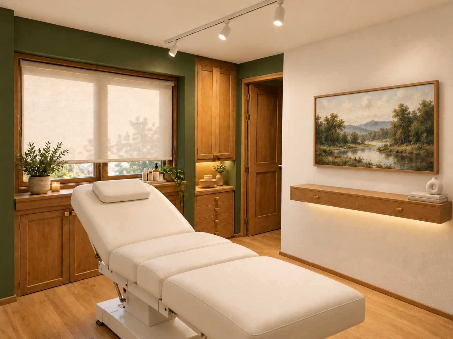 A massage room with a massage table, wooden cabinets, and a window with blinds. The room is decorated with plants, candles, and a landscape painting on the wall.