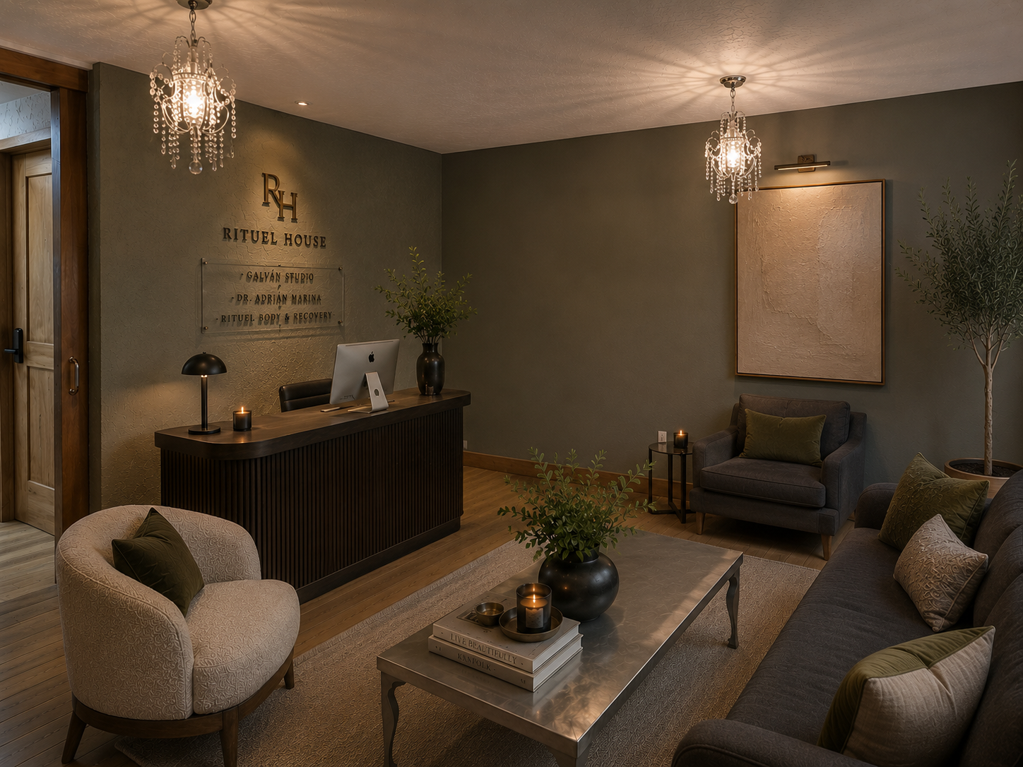 Elegant reception area with a dark wood counter, computer, and tall vase with greenery. Sofas and armchair with cushions, decorated with candles and plants. Two chandeliers hanging from the ceiling, warm lighting, neutral wall color, and wooden flooring.
