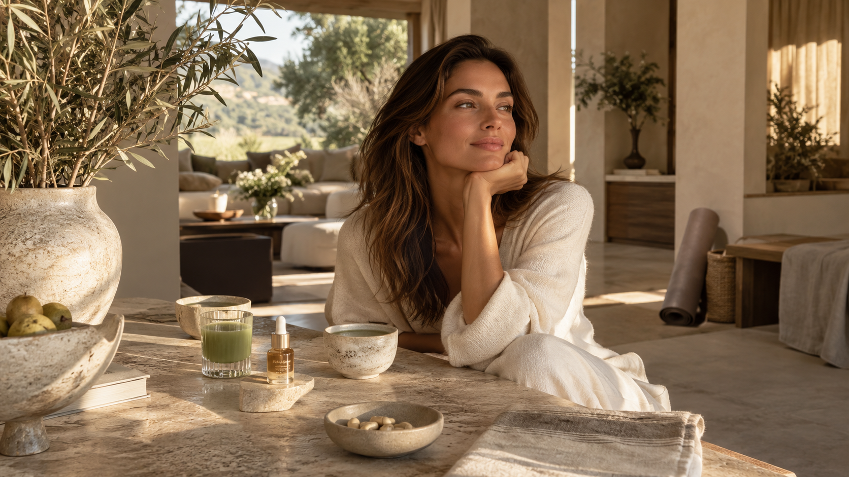 A woman with long brown hair sitting at a marble kitchen island, resting her chin on her hand, in a well-lit, modern kitchen with potted plants and outdoor scenery in the background.