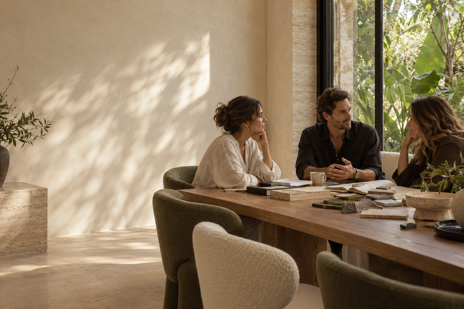 Three people sitting at a wooden table in a naturally lit room, engaged in conversation, with plants and a large window in the background.