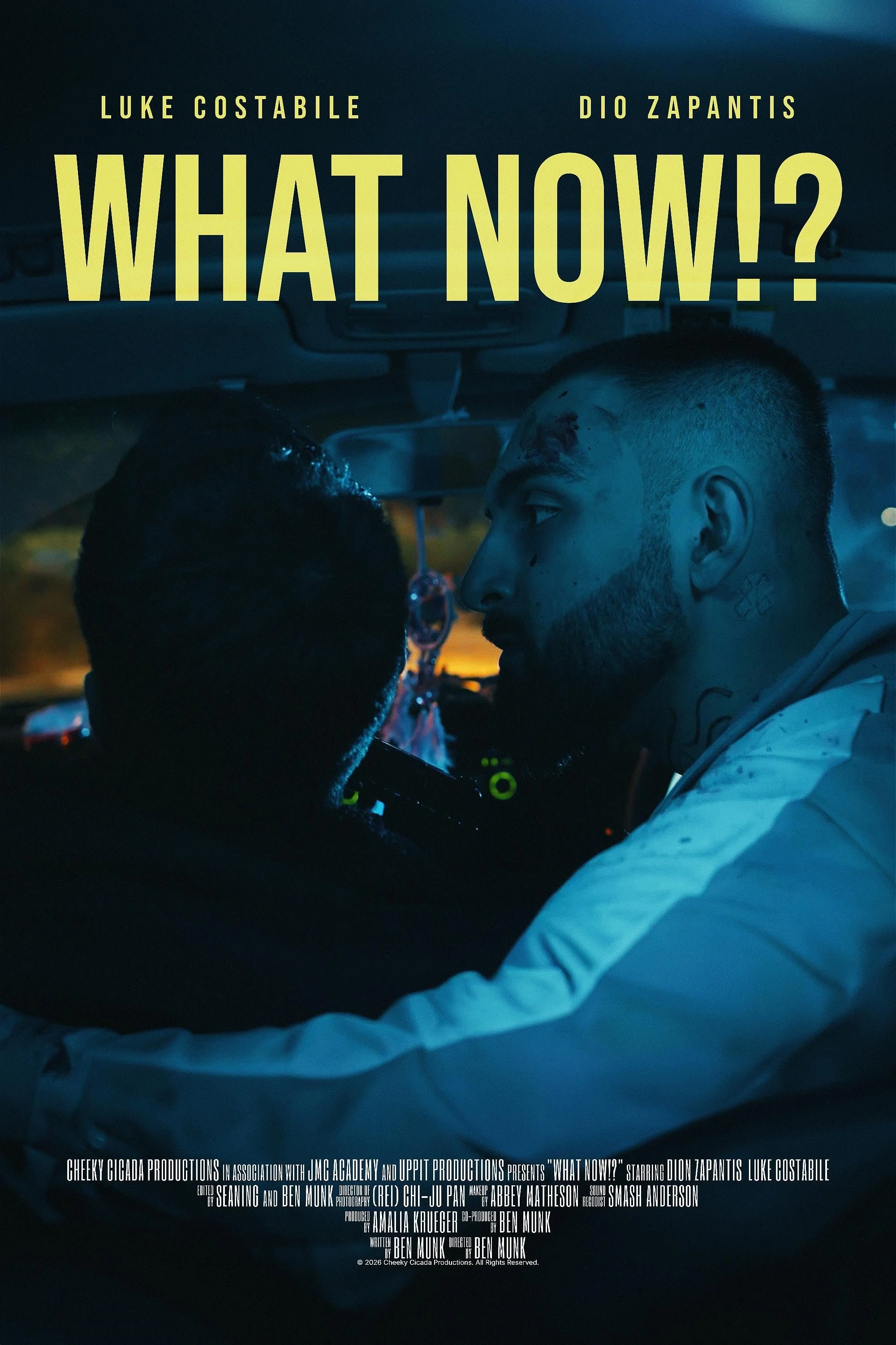 Movie poster for 'What Now?' featuring two young men in a car, one with short hair and the other with tattoos on the neck, under dark lighting.