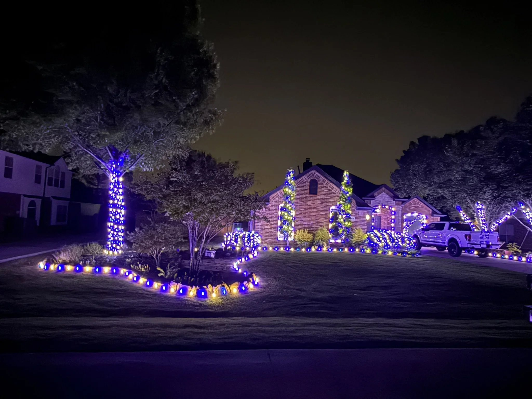 A house decorated with Christmas lights, including a lit tree wrapped with purple and blue lights, and strings of lights outlining the driveway and garden. The sky is dark, and neighboring houses can be seen.