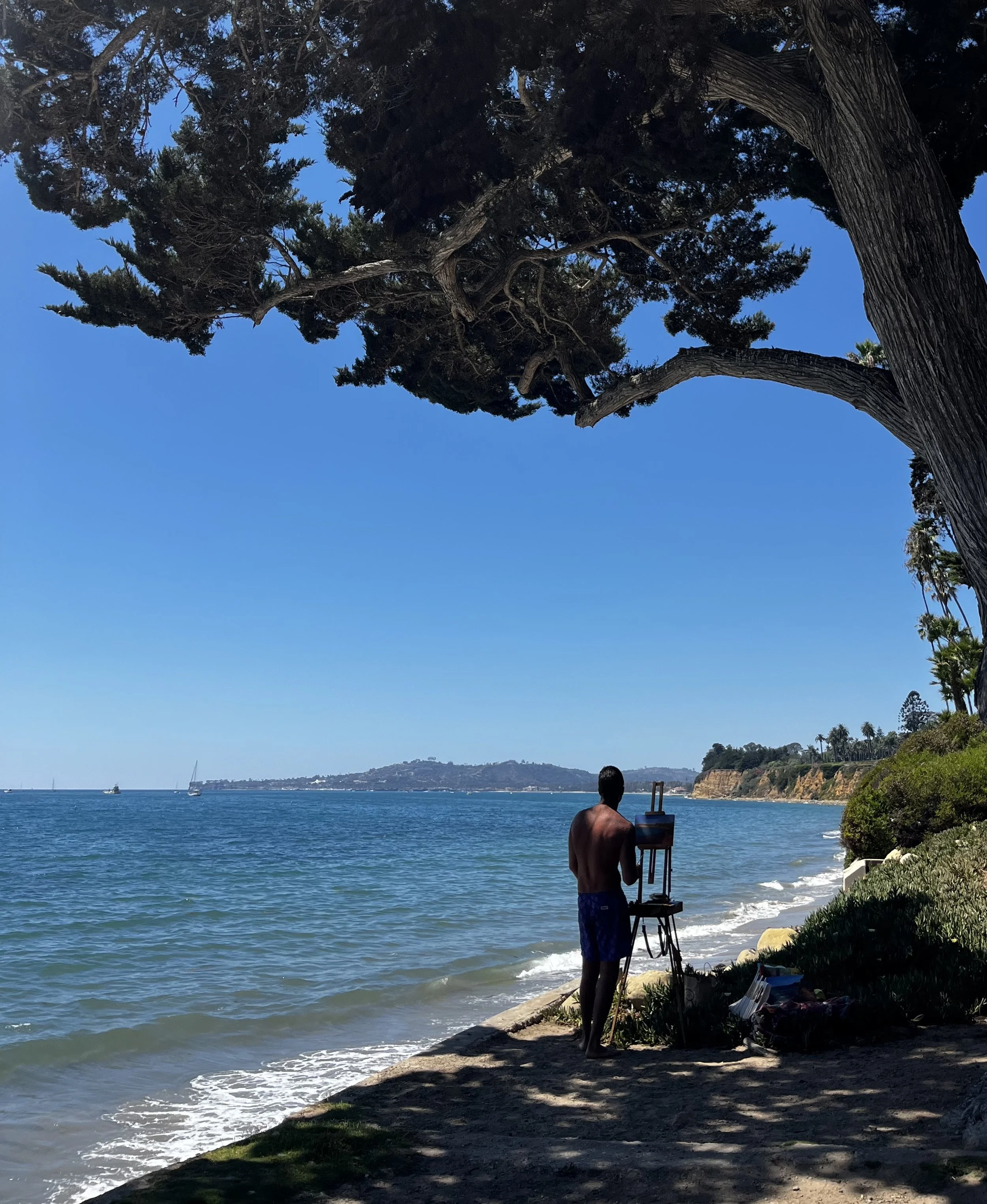 A man standing on a sandy beach, painting outdoors with an easel. The beach has gentle waves, and a large tree provides shade. In the background, there are sailboats on the water and a distant shoreline with cliffs and palm trees. The sky is clear and blue.