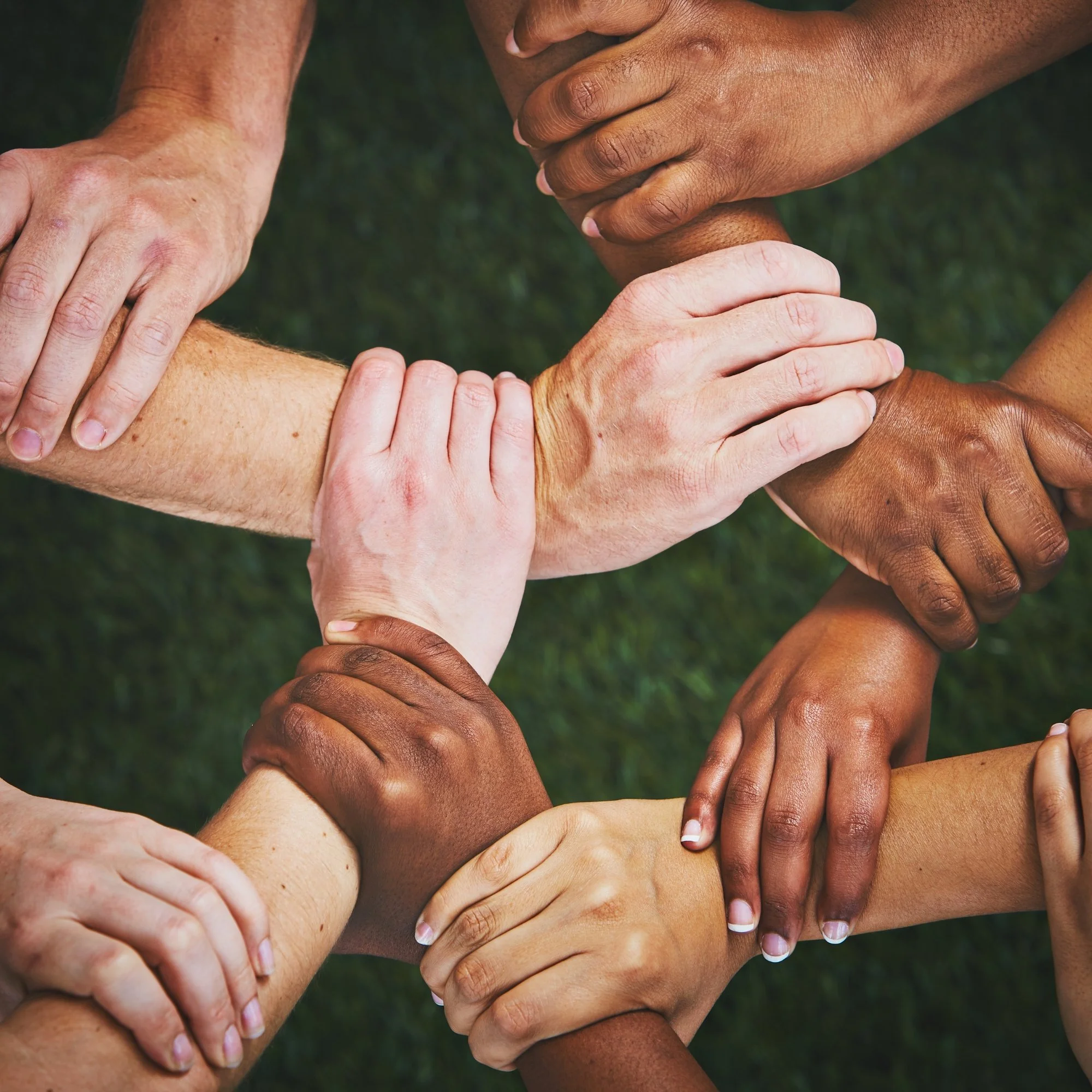 Multiple hands of diverse skin tones intertwined in a circle against a green background.