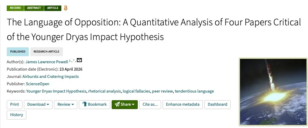 Screenshot of a scientific research article titled 'The Language of Opposition: A Quantitative Analysis of Four Papers Critical of the Younger Dryas Impact Hypothesis,' published in ScienceOpen with an accompanying image of a meteor or asteroid impact on Earth.