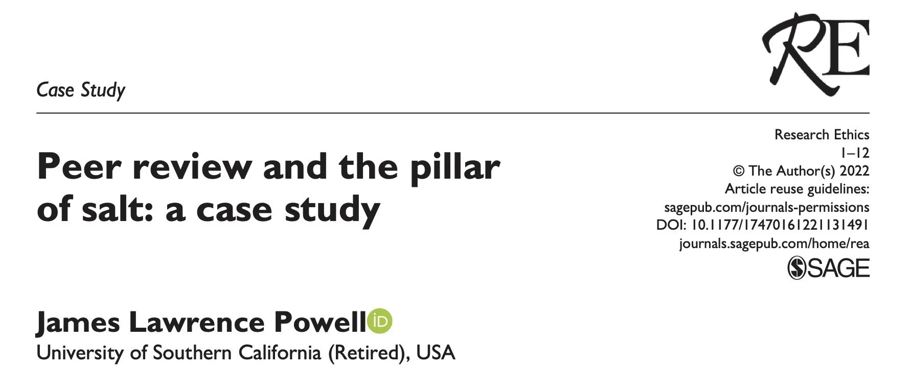 Title page of a research article titled "Peer review and the pillar of salt: a case study" by James Lawrence Powell, published in the journal Research Ethics, volume 1-12, 2022, with a logo in the top right corner. The author is from the University of Southern California (Retired), USA.