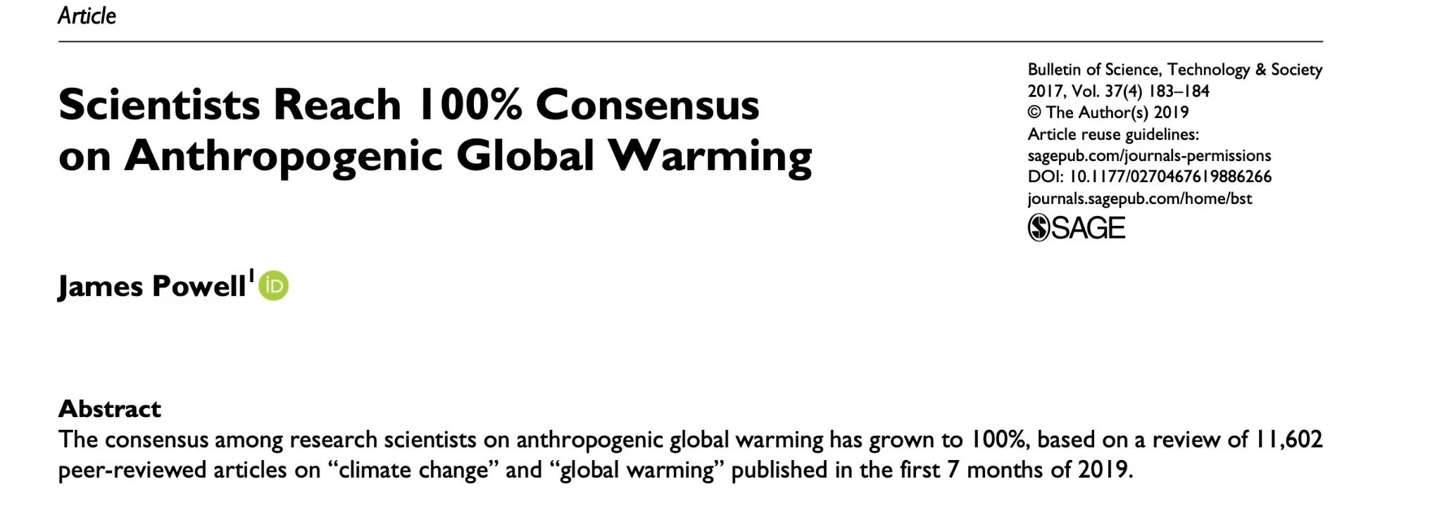 A scholarly article titled "Scientists Reach 100% Consensus on Anthropogenic Global Warming" by James Powell, published in 2019 in the Bulletin of Science, Technology & Society. The article discusses research consensus on climate change, with a focus on scientific review and peer-reviewed articles.