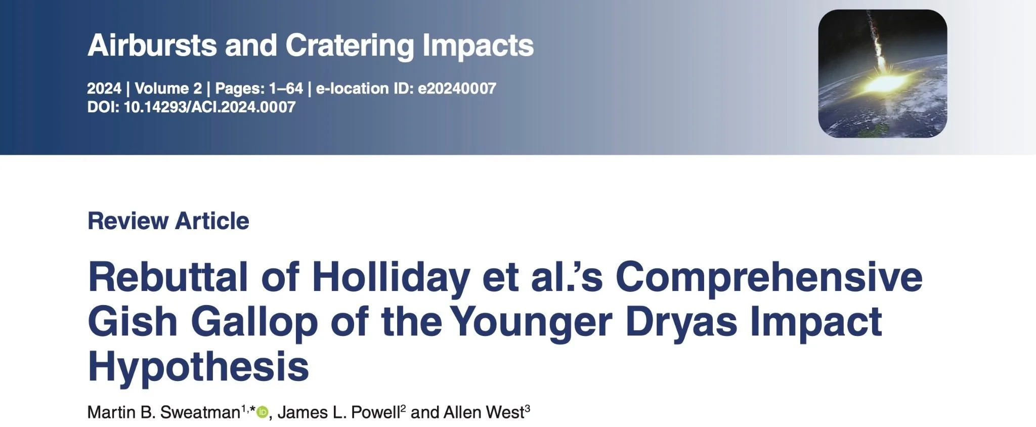 Cover page of a scientific article titled "Rebuttal of Holliday et al.'s Comprehensive Gish Gallop of the Younger Dryas Impact Hypothesis" with a small image of a meteor impact on Earth's surface in the top right corner.