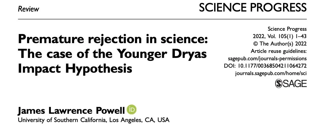 Title of a scientific journal article titled "Premature rejection in science: The case of the Younger Dryas Impact Hypothesis" by James Lawrence Powell, published in Science Progress 2022.