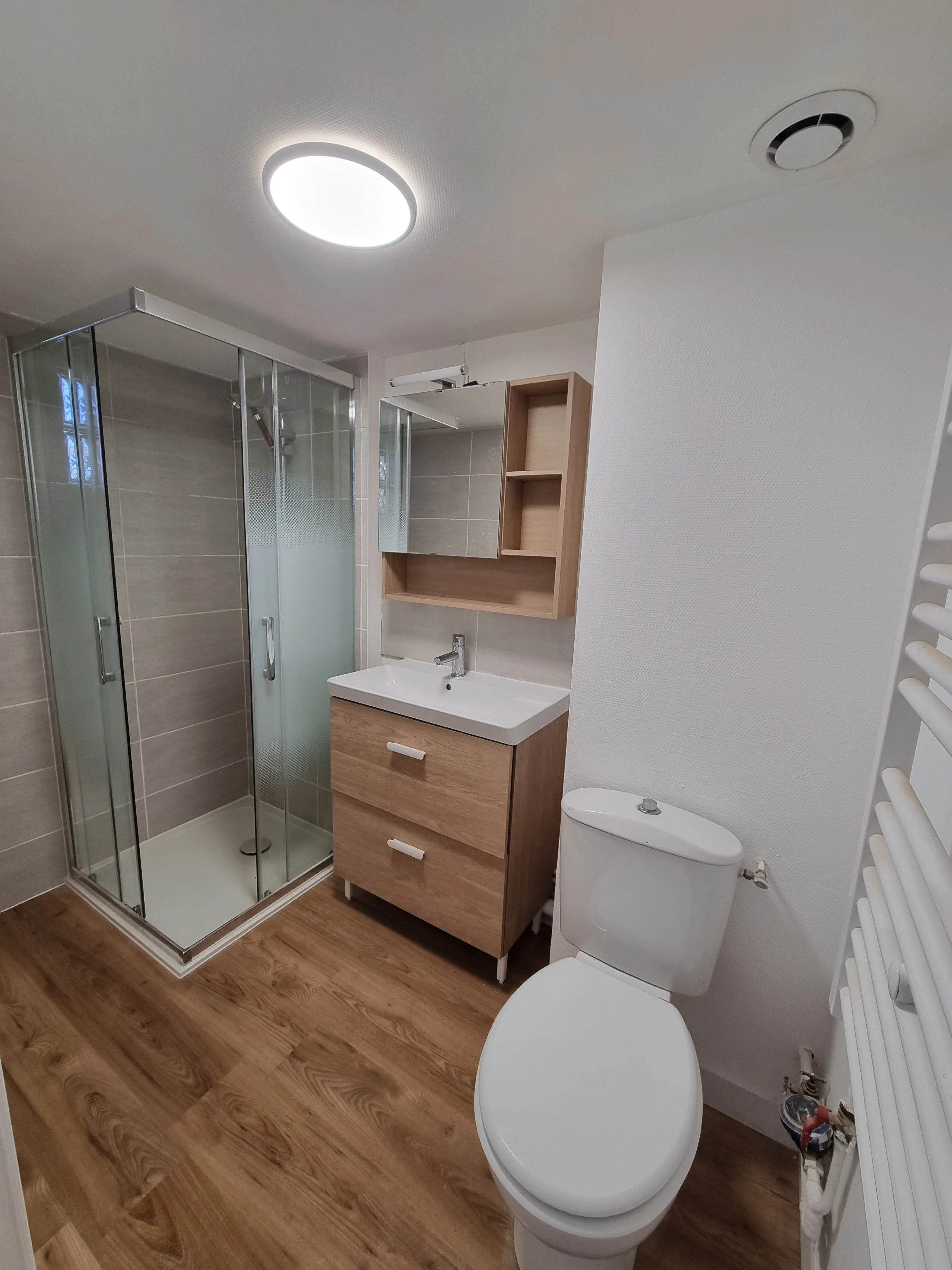 Une salle de bain avec une cabine de douche en verre, un lavabo avec un meuble en bois, un miroir, une armoire ouverte en bois, un WC et un radiateur électrique blanc, le tout avec un sol en bois et des murs en blanc.