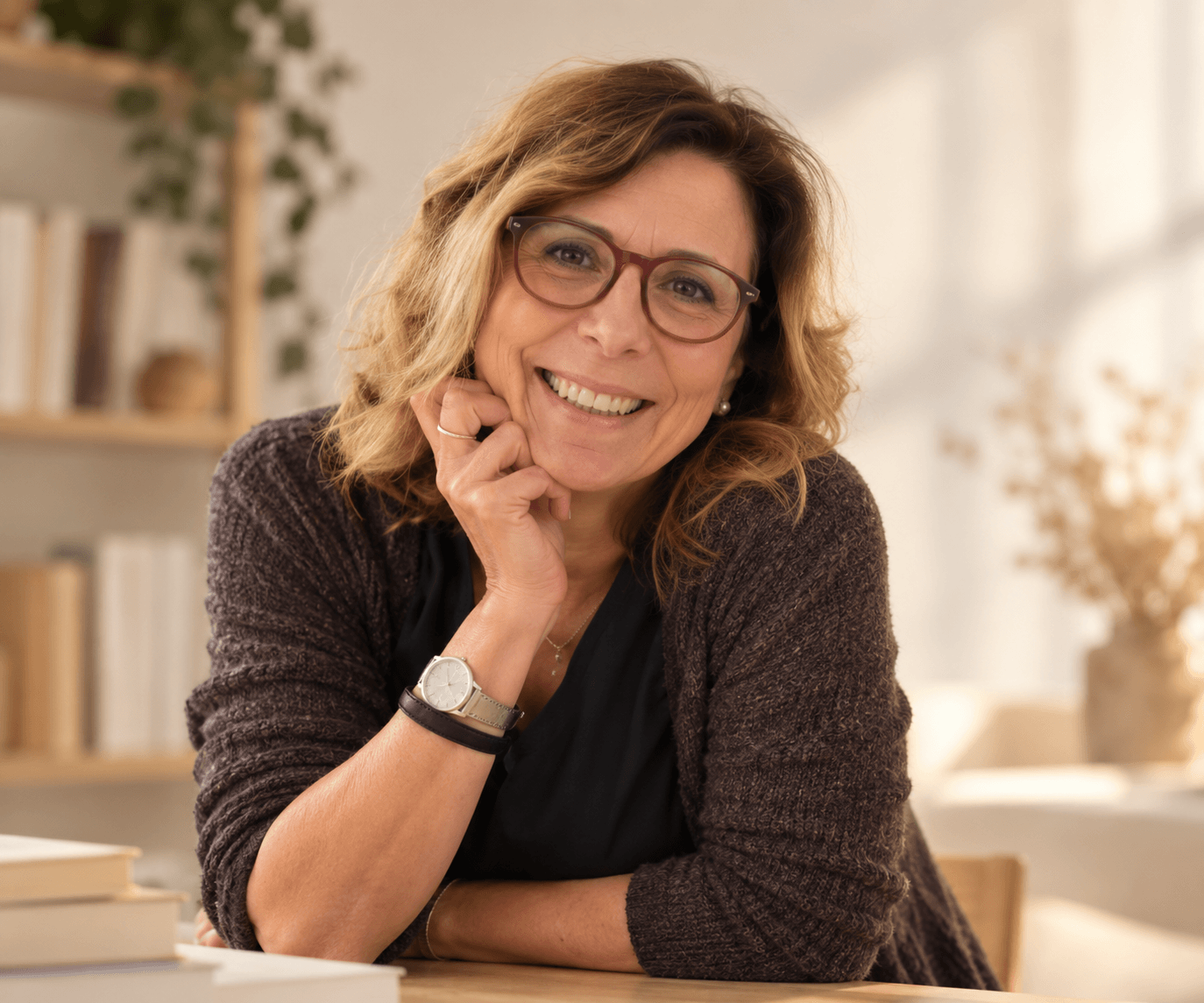 Una donna sorridente con occhiali da vista, capelli castani ricci, indossa un orologio e un maglione marrone, seduta a un tavolo con libri e uno sfondo di scaffali con libri e piante.