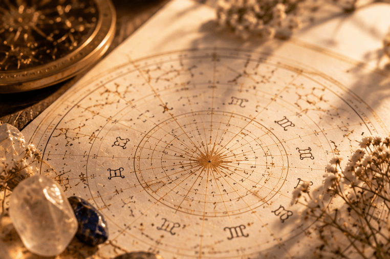 Una mappa astronomica antica, circondata da cristalli, un orologio e fiori secchi.