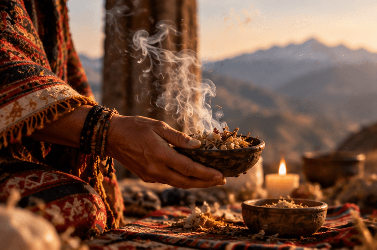 Una persona indossa abiti colorati e tradizionali, che tiene in mano una ciotola con incenso o erbe che fumano, con un paesaggio montano sullo sfondo al tramonto e una candela accesa vicino.
