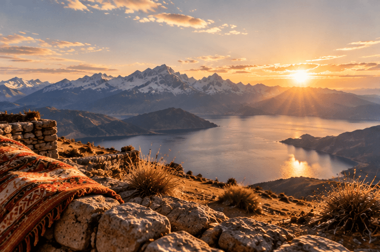Paesaggio montano con lago al tramonto, con montagne innevate sullo sfondo e terreni aridi in primo piano.