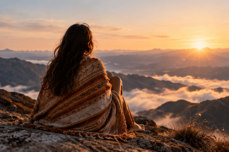Donna seduta su una montagna che osserva il tramonto sopra le nuvole.
