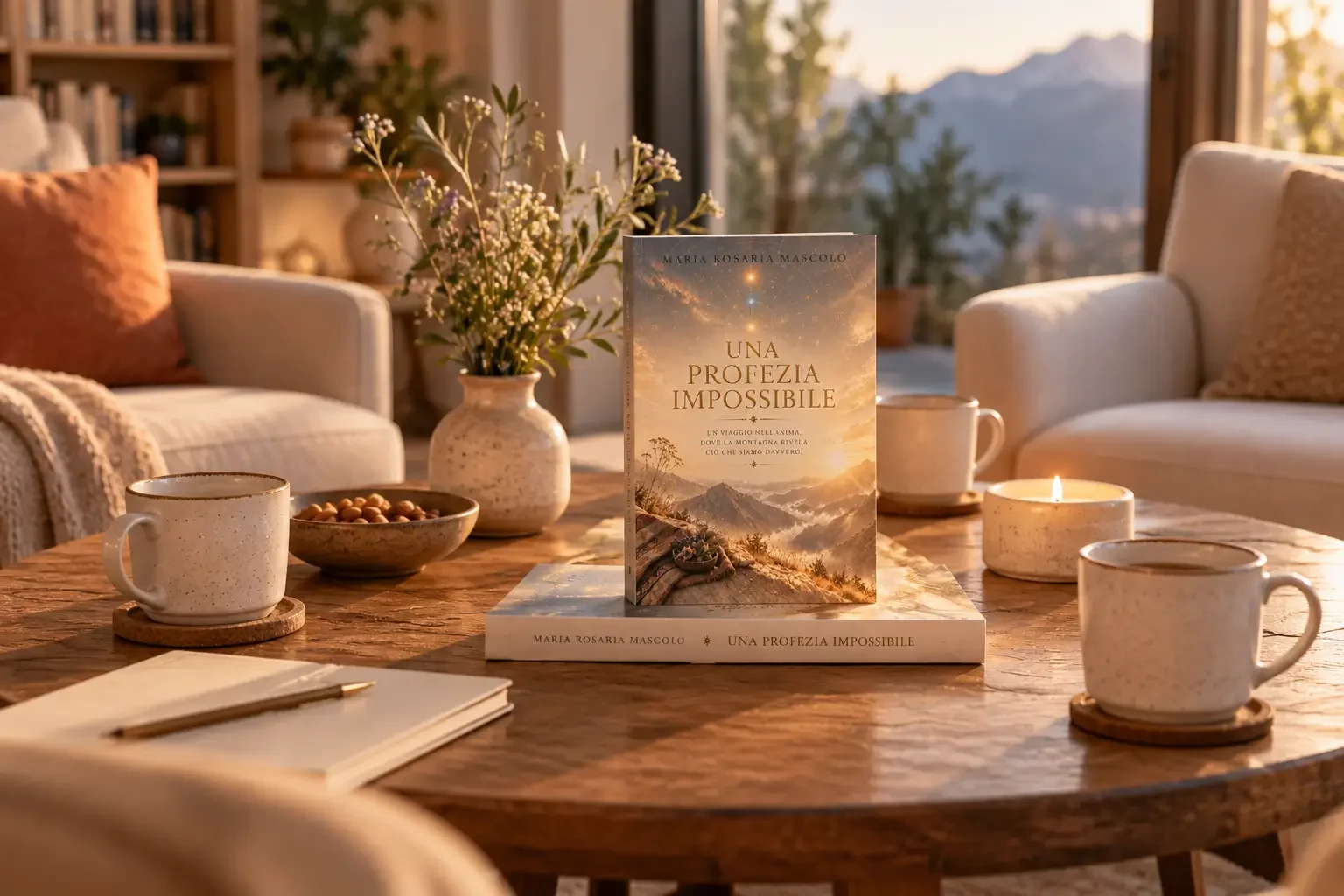 Libro intitolato 'Una Profezia Impossibile' di Maria Rosaria Mascolo in piedi su un tavolo di legno in un soggiorno con candele accese, tazze di ceramica, un vaso con fiori e una ciotola con noccioline, con una vista di montagne all'aperto al tramonto.