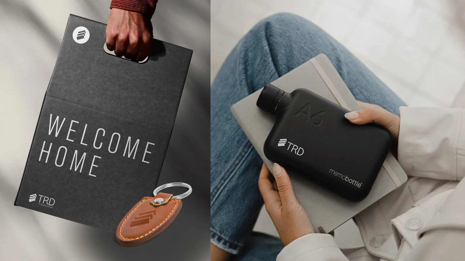 Welcome home gift package with a black TRD Property Group bag, leather keychain, and branded Memobottle held by a person.