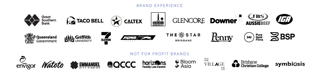 Black banner displaying brand and nonprofit logos, including Great Southern Bank, Taco Bell, The Star Brisbane, Penny, Bloom Asia, The Village Co., and symbiotic.