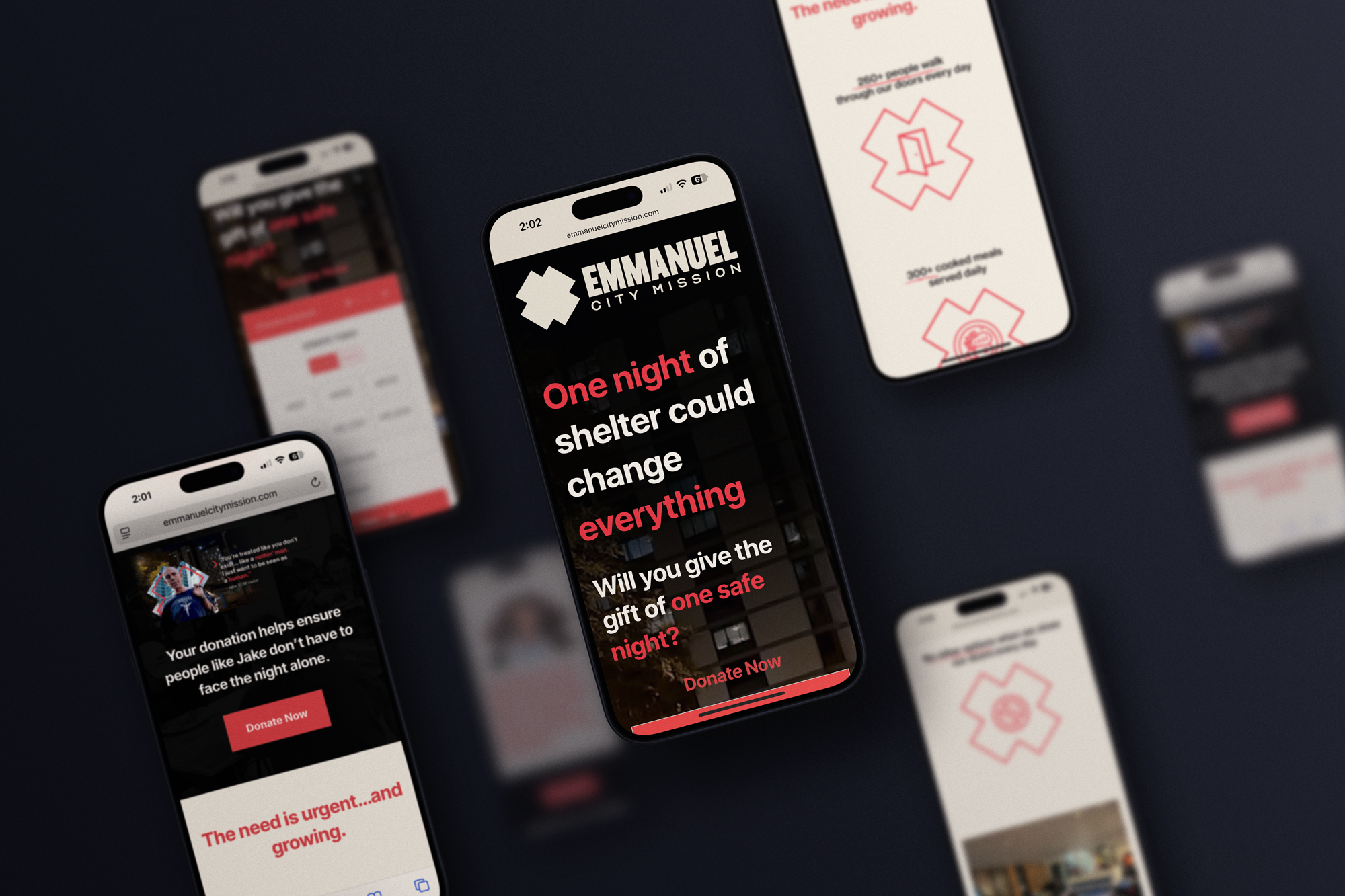 Multiple smartphones displaying Emmanuel City Mission donation website pages, including a central message about providing safe shelter for one night.