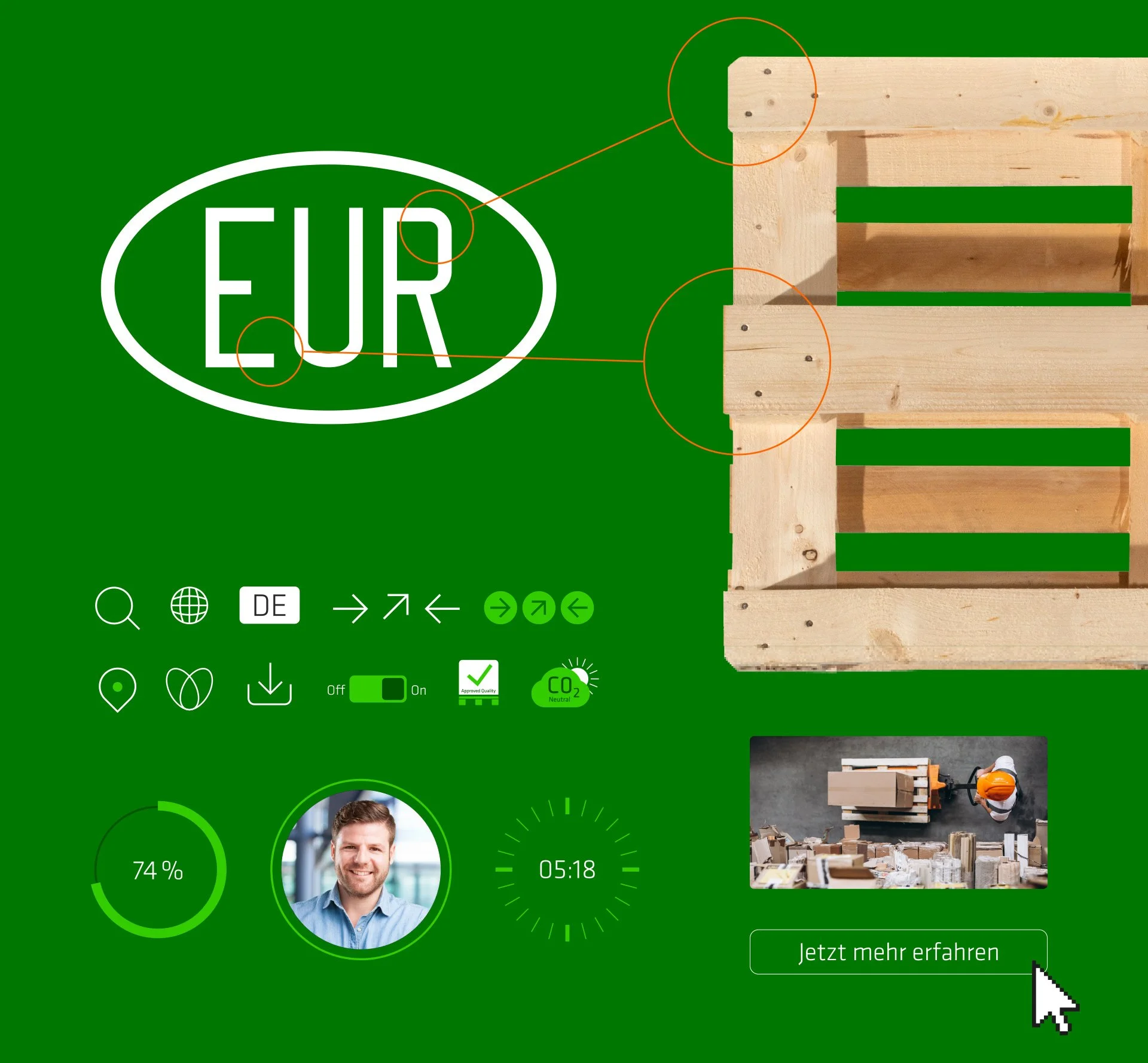 Diagramm mit grünem Hintergrund, zeigt einen Holzpallet, Fraktionslogo, Symbole für Navigation, Umwelt und Qualitätssicherung, ein Bild eines lachenden Mannes, eine Uhr mit 5:18, den Text "74%" und eine Schaltfläche mit der Aufschrift "Jetzt mehr erfahren".