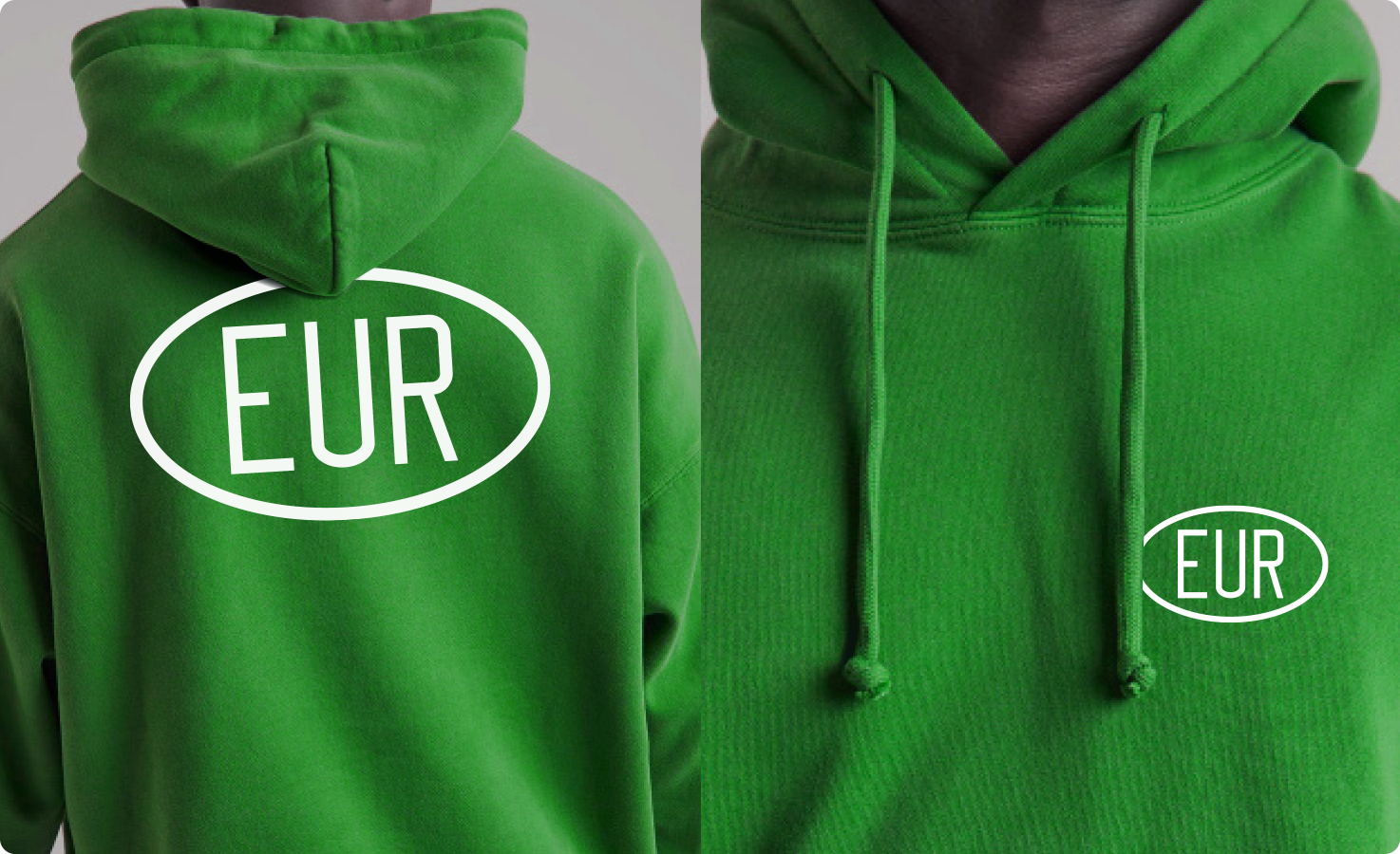 Zwei grüne Hoodies, eines mit der Aufschrift 'EUR' und das andere mit 'EUR', getragen von Personen