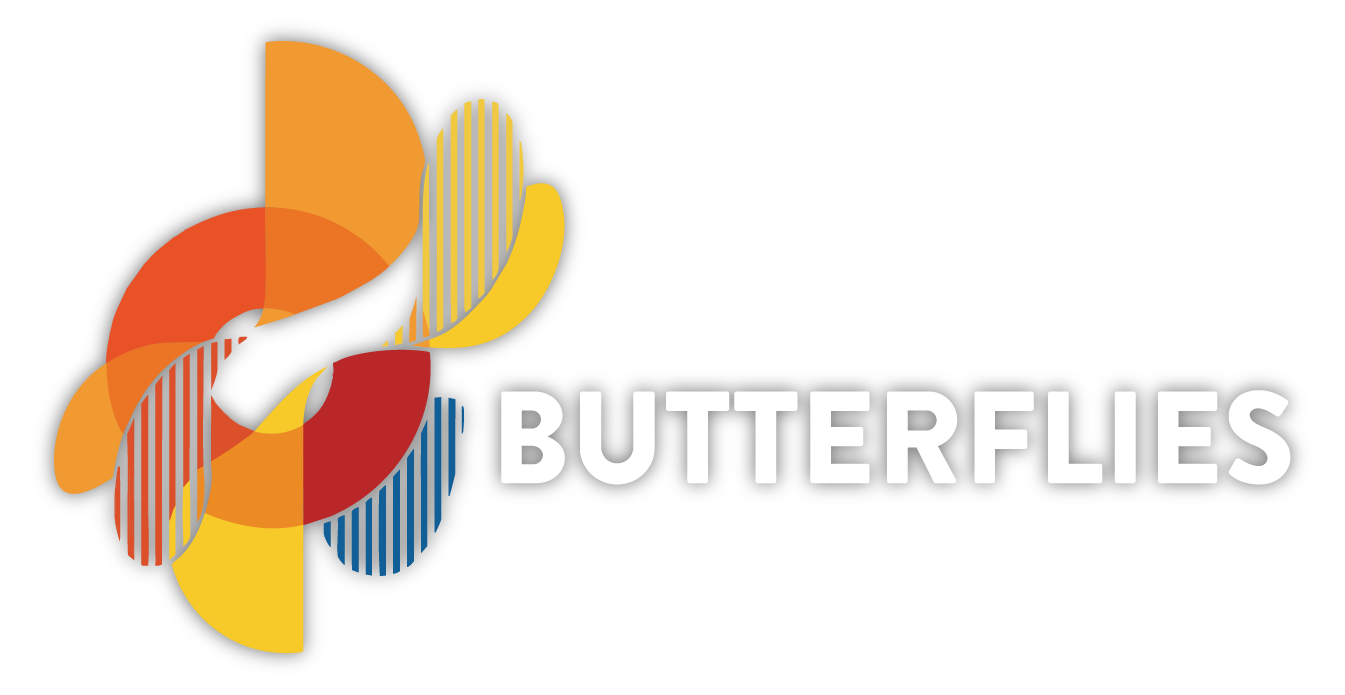 Colorful abstract butterfly logo with the word 'BUTTERFLIES' in white on a black background.