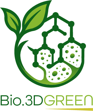 Logo with green leaf, hexagonal molecular structure, and stylized soil or organic matter, with text 'Bio.3D GREEN' in green and black.