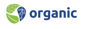 Logo with a green leaf and two blue circles, accompanied by the word 'organic' in blue text.