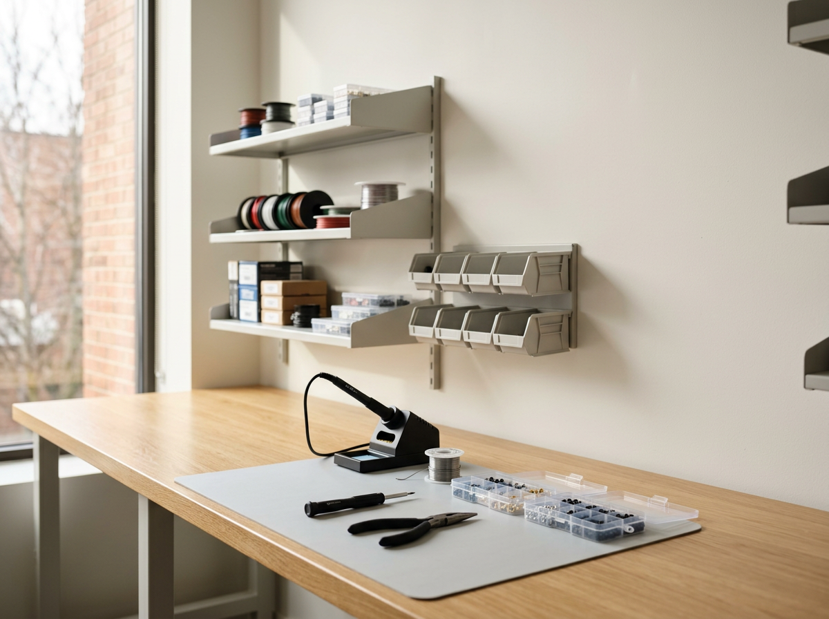 Workstation with a soldering iron, small tools, and organized storage containers on a wooden desk, with shelves holding spools of wire, boxes, and compartments in the background.