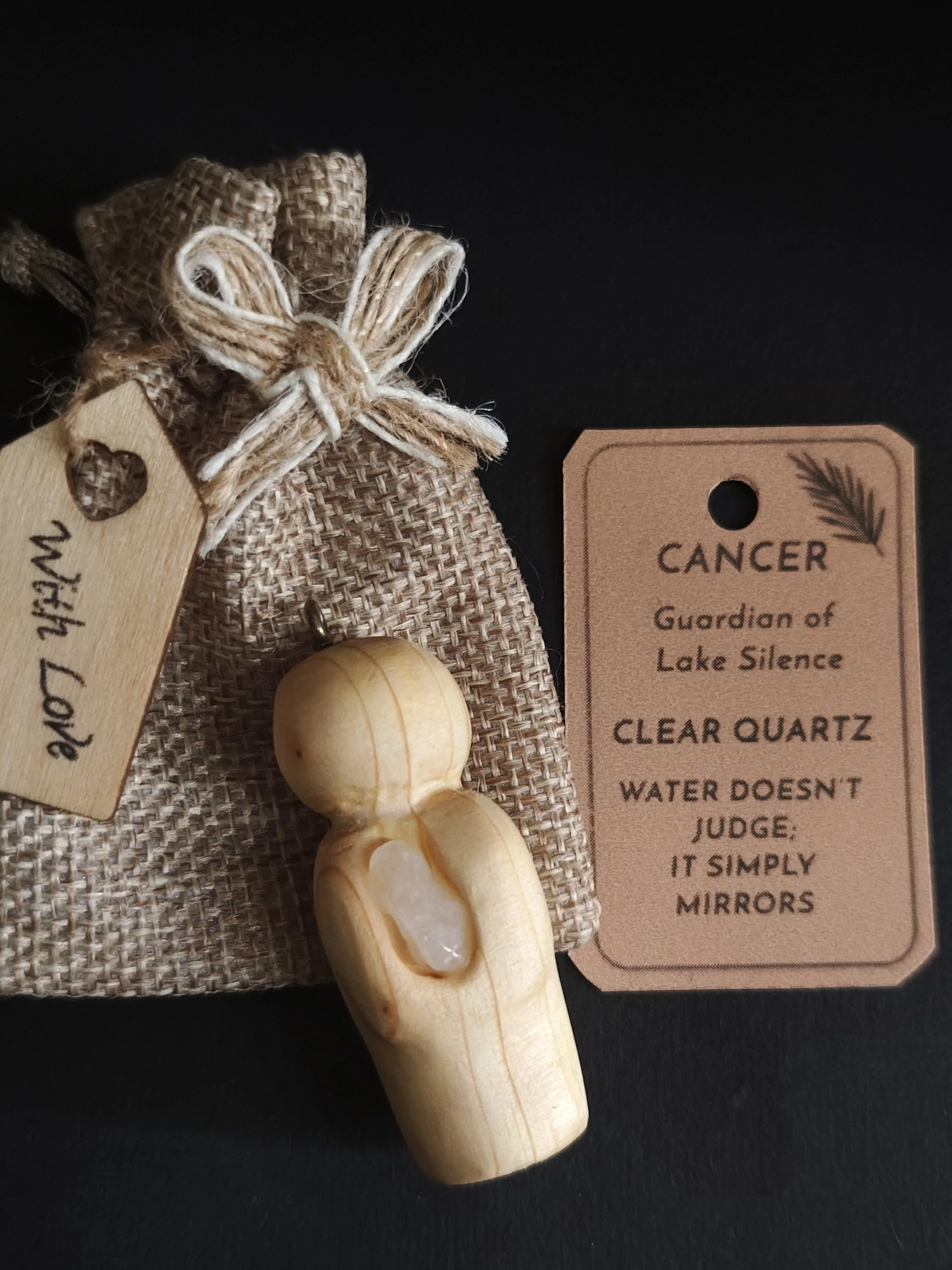 Cancer (Lake Silence, clear quartz)-  Hand‑carved Irish pine guardian
