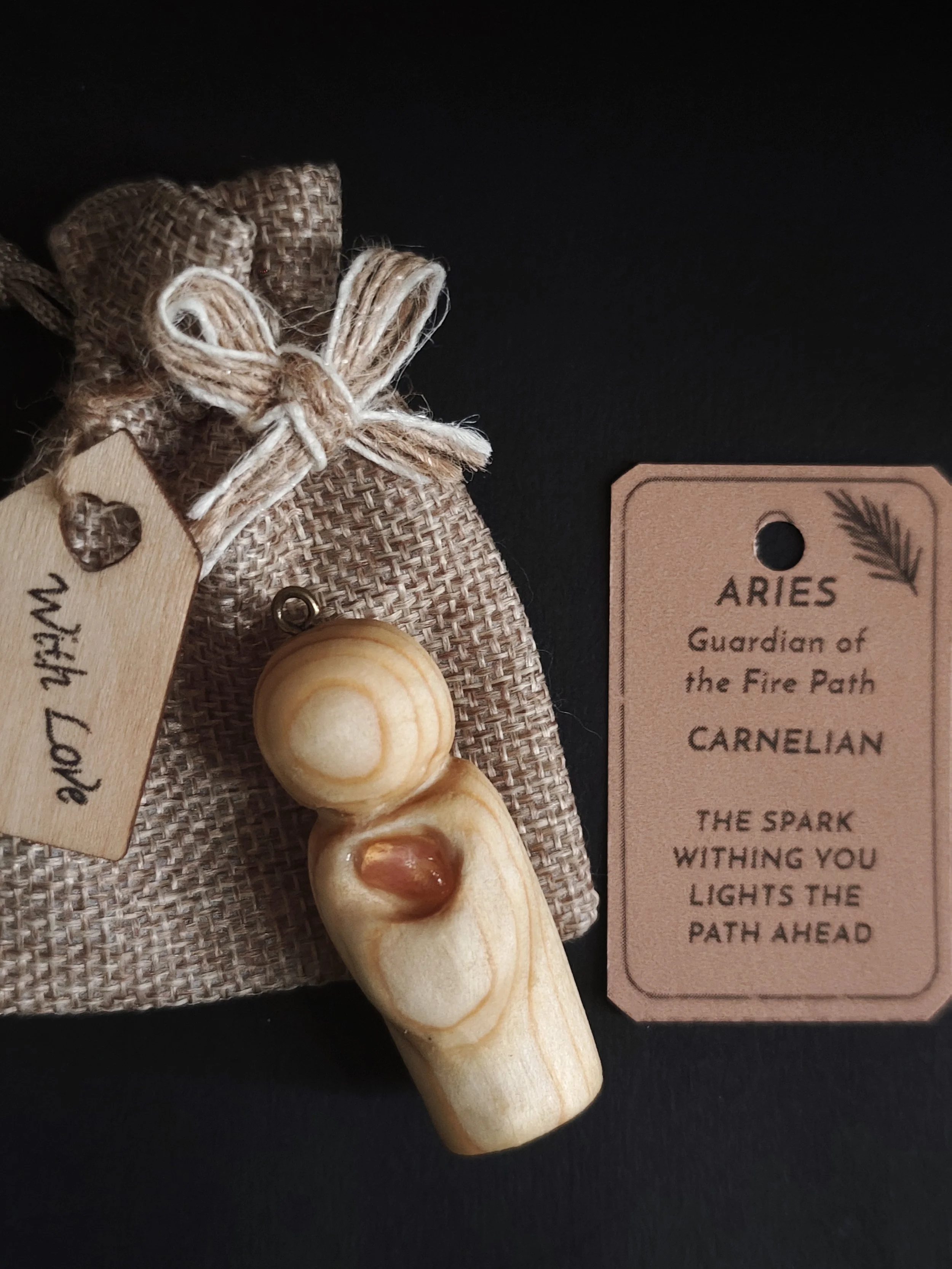 Aries (Fire Path, carnelian)-  Hand‑carved Irish pine guardian