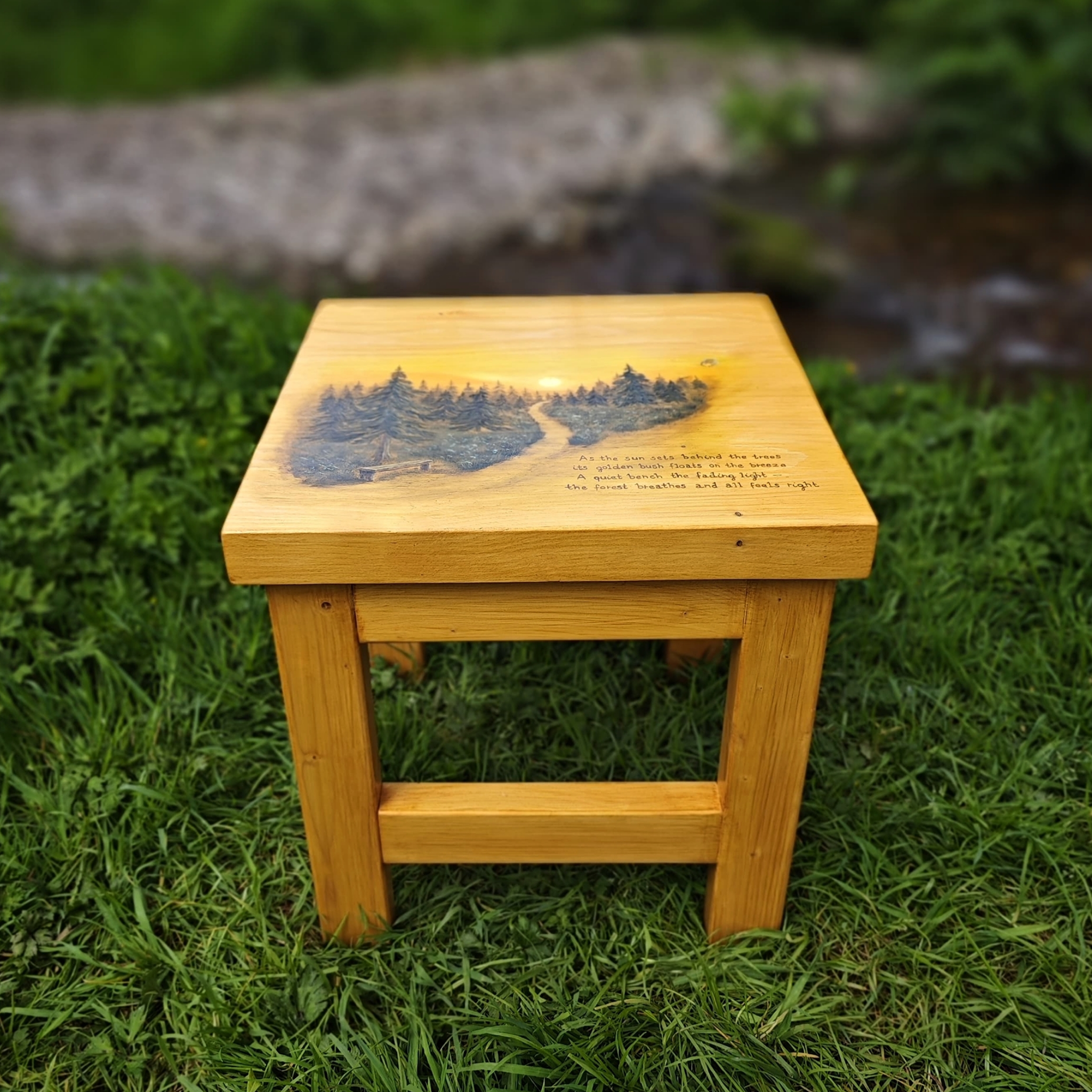 Forest Memories Table – hand‑painted Irish pine side table (woodland calm)
